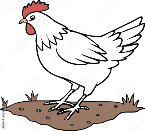 Cute vector illustration of a white hen standing on the ground. Perfect for farm labels, kids’ books, and poultry branding.