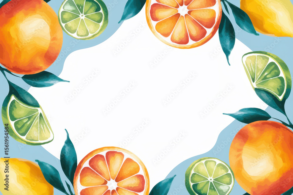 Fototapeta premium Vibrant citrus fruit border with oranges and limes on light blue background