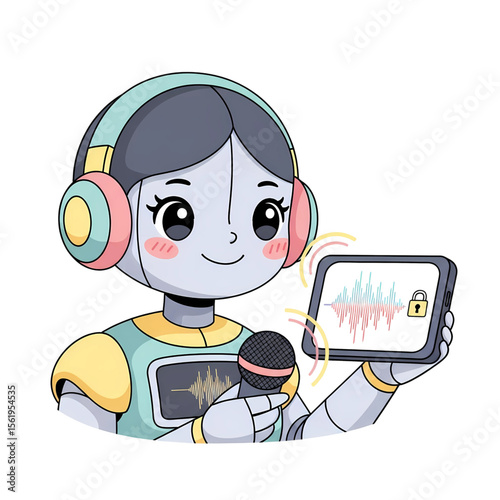 Cute Cartoon Robot Holding Microphone and Locked Tablet