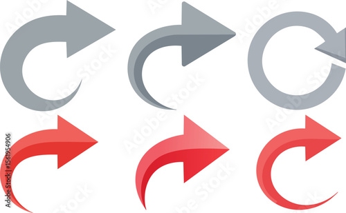 Vector Illustration of Six Stylized Arrows in a Two-by-Three Grid with Grey and Red Variants Featuring Curved, Angular, and Circular Navigation Symbols on a White Background

