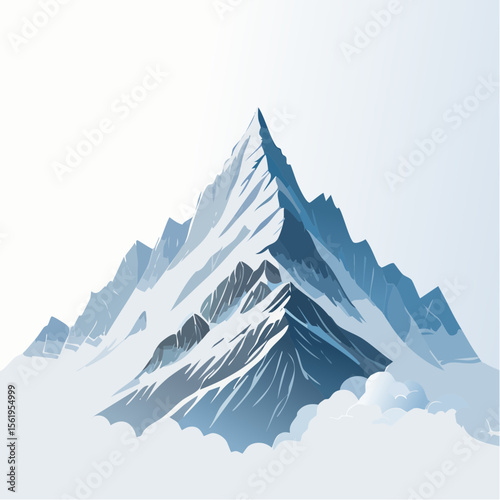 High alpine winter mountain landscape with snow-capped peaks under a vast sky, perfect for vector illustrations of cold, majestic nature views in the Alps or Himalayas
