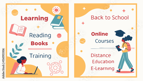 A modern educational illustration depicting a student walking with a tablet, studying with a laptop, and concepts of learning.