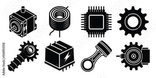 Vector art of various modes of transportation and structures isolated on white background