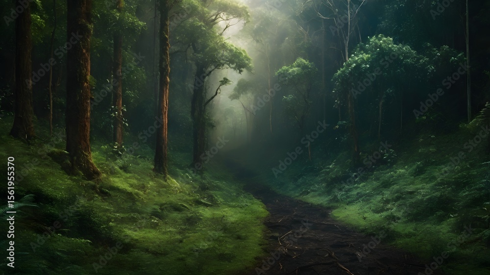 Fototapeta premium Ethereal forest path shrouded in mist, with vibrant green moss and towering trees