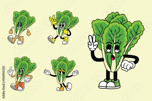 Set of funny lettuce vegetable 70s retro comic cartoon characters