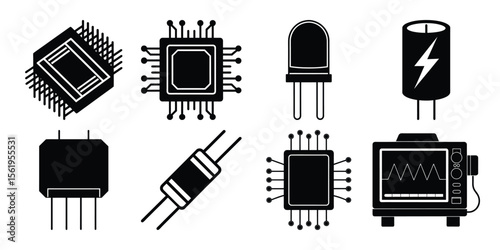 Vector art of various modes of transportation and structures isolated on white background