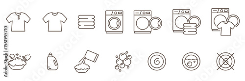 Dryer, washing machine and simple shirt. Lingerie line icons. Self-service laundry, hand washing, laundry service, linear set. Instruction icons of cleaning of clothes. Editable Stroke. 
