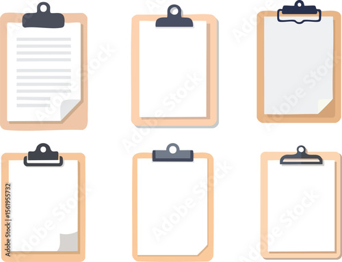 clipboard with paper, Vector Illustration of Six Vertical Wooden Clipboards Arranged in a Two-by-Three Grid on a White Background with Blank and Lined Papers Featuring Curled Corners and Minimalist