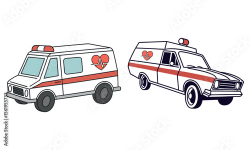 Two cartoon ambulances with a heart and pulse line graphic on the side isolated on white background