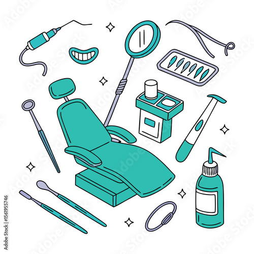 Collection of cartoon dental equipment and tools for oral hygiene isolated on white background