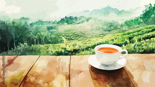 Elegant Teacup Watercolor Painting on Wooden Surface