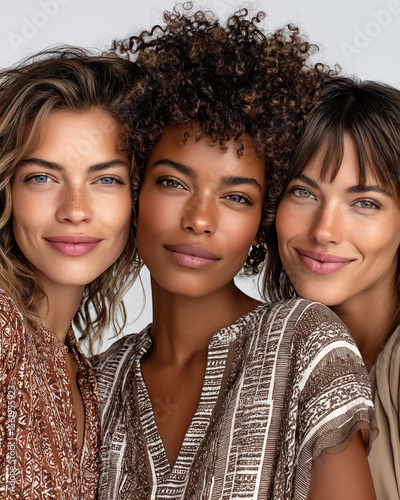 Portrait of three multiethnic women looking at camera isolated on grey