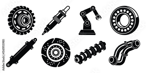 Vector art of various modes of transportation and structures isolated on white background