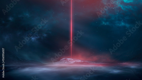 Fantasy mountain dark night landscape, starry sky, unknown planet, neon.