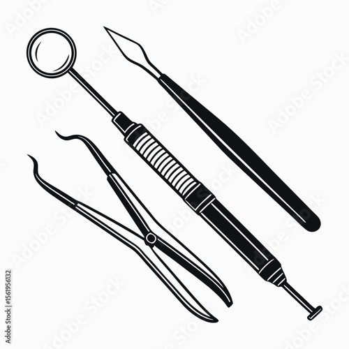 Collection of four black silhouette dental instruments including a mirror scaler forceps and explorer isolated on white background