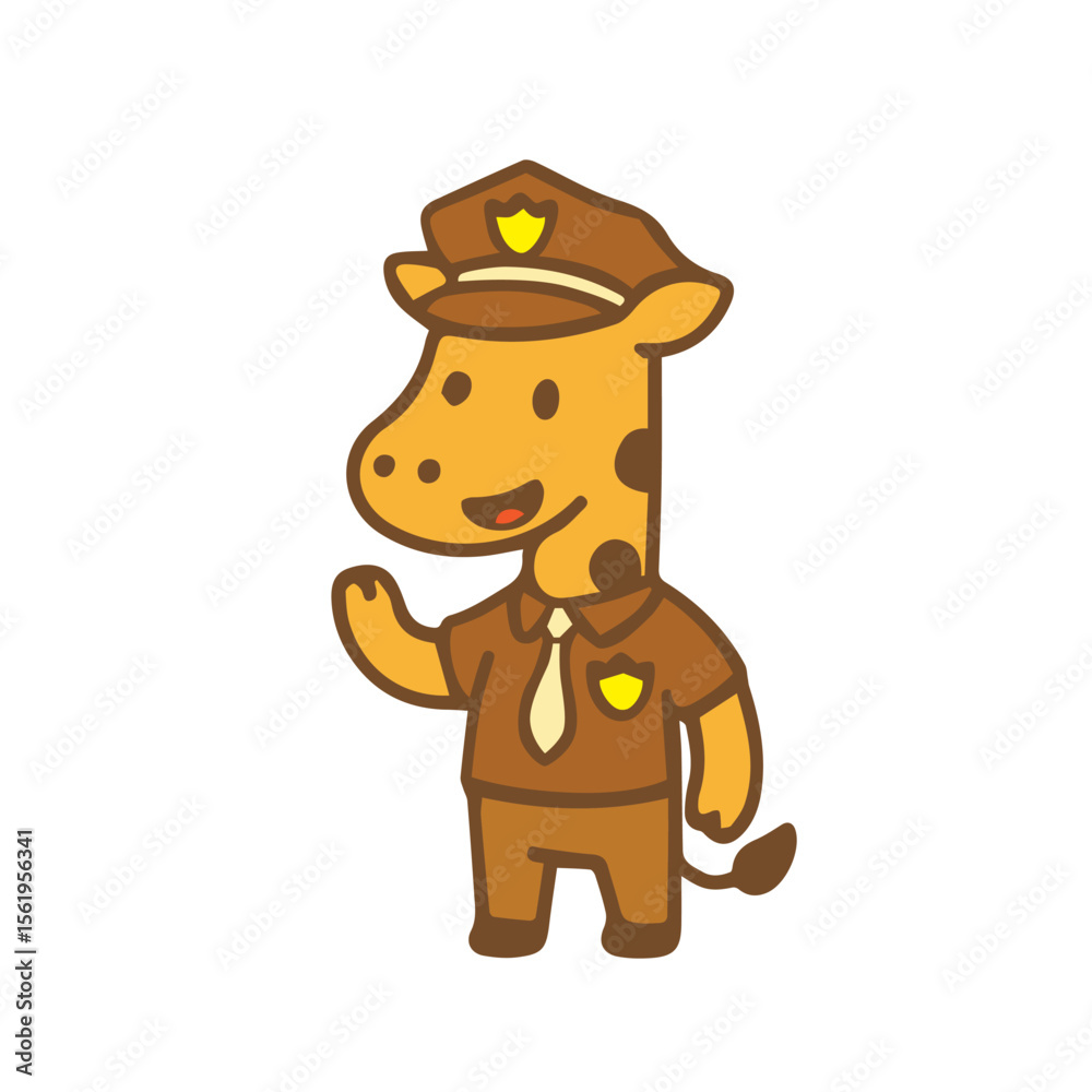 Naklejka premium Cartoon Giraffe Police Officer Waving Hello