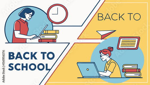 Two female students prepare for the new school year, one studying with books, the other using a laptop.
