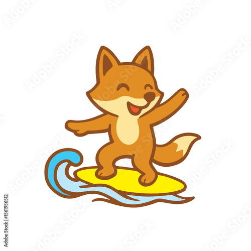 Happy Cartoon Fox Surfing on a Wave