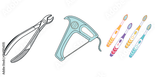 Dental instruments including forceps floss holder and toothbrushes displayed isolated on white background