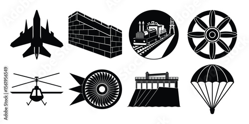 Vector art of various modes of transportation and structures isolated on white background