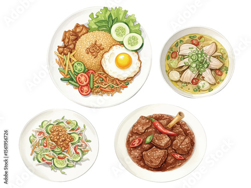 Traditional Indonesian Cuisine Collection. Illustration with Watercolor Style