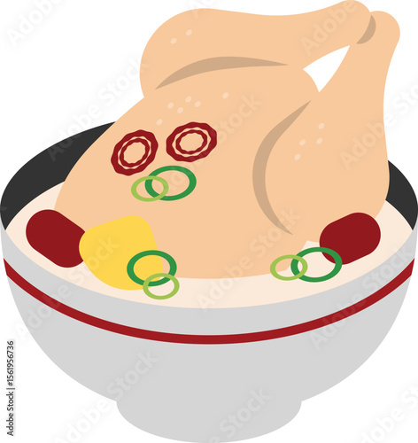 Traditional Korean dish Samgyetang, featuring a whole chicken boiled with ginseng, jujube, and garlic. Popular in summer as a stamina food during Boknal days.