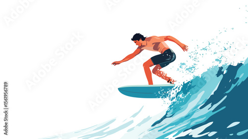 Active Young Man Riding Surfboard: Happy Surfer Adventure Happiness