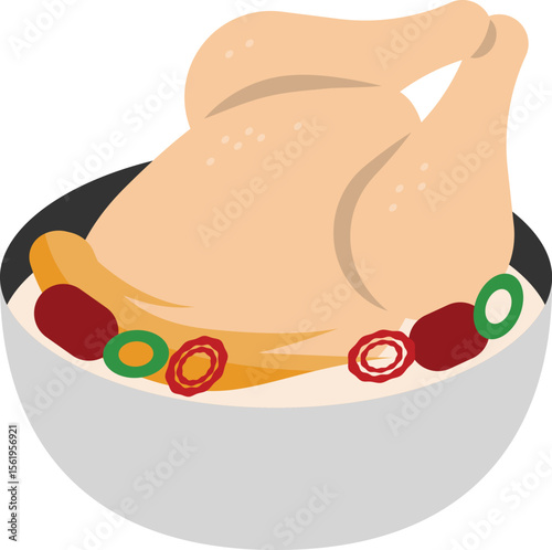 Traditional Korean dish Samgyetang, featuring a whole chicken boiled with ginseng, jujube, and garlic. Popular in summer as a stamina food during Boknal days.