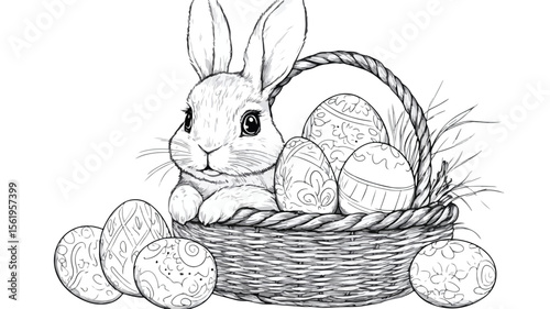 Cute Easter Bunny in Basket with Decorations EPS
