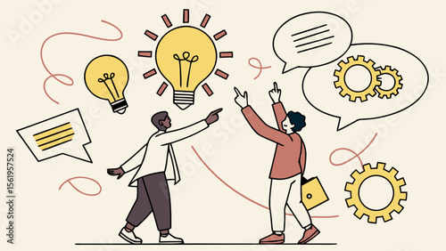 Two diverse businessmen exchanging creative ideas with lightbulbs and gears representing innovation and collaboration.