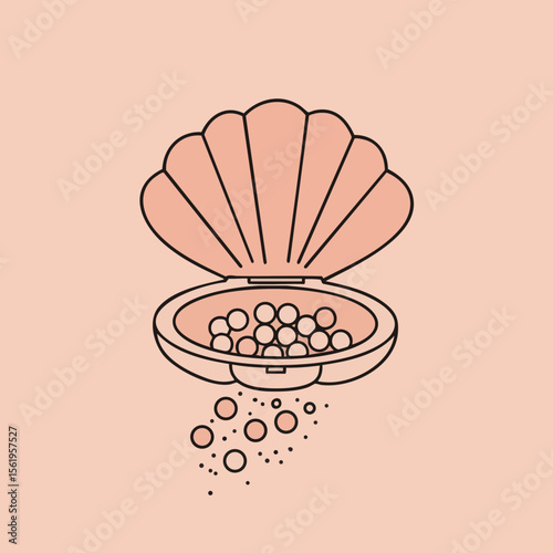 Powder Compact as Seashell with Pearl Dots, Luxury Concept, Vector Scene