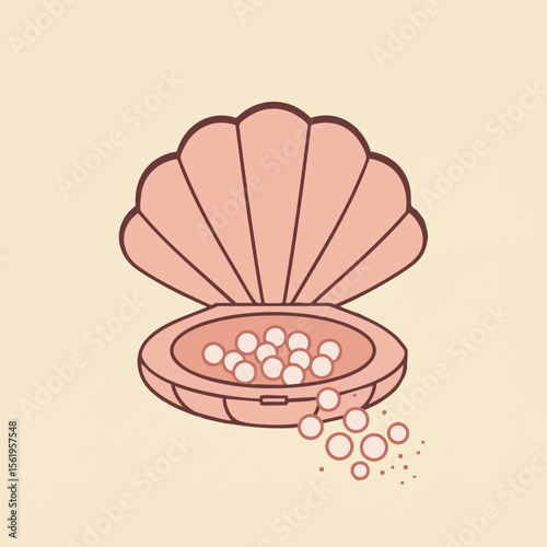 Powder Compact as Seashell with Pearl Dots, Luxury Concept, Vector Scene