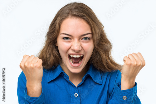 Happy young woman in blue shirt smiles and shows fists in celebration, isolated on white background with clipping path. Joyful, confident, and energetic full-body portrait.

