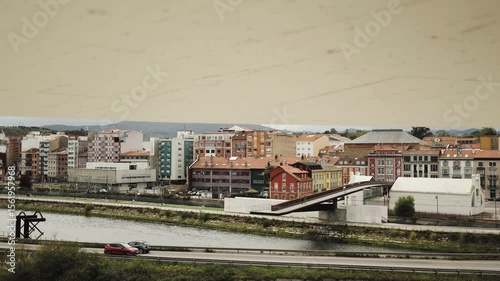 Vivid urban panorama with colorful historic and modern buildings, a bridge over the river, and a car passing by — capturing a harmonious blend of tradition and progress in city life, architecture