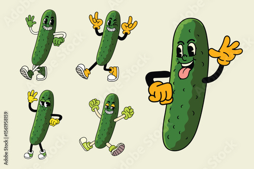 Set of funny cucumber vegetable 70s retro comic cartoon characters
