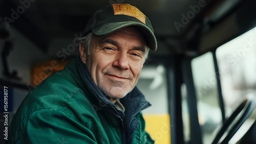 Portrait of a farmer smiling in a tractor cab