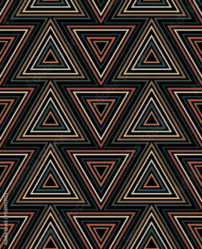 Modern and elegant ethnic design with concentric triangles outlined in different colors on a black background. Seamless repeating pattern. Abstract geometric illustration for textile and wrapping.