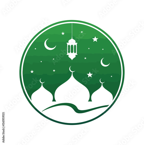green islamic emblem featuring mosque domes with crescents, lantern, and celestial motifs in circular design symbolizing faith and tradition