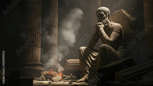 Wallpaper Mural Ancient stone statue in a ruined temple surrounded by smoke and fire elements Torontodigital.ca