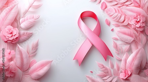 Pink ribbon with paper cut leaves and flowers on light background. Breast cancer awareness, feminine healthcare support.
