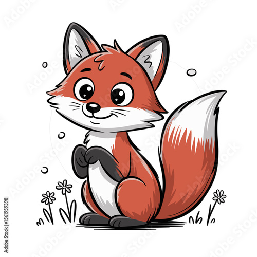 Smiling cartoon fox in hand-drawn style with flowers