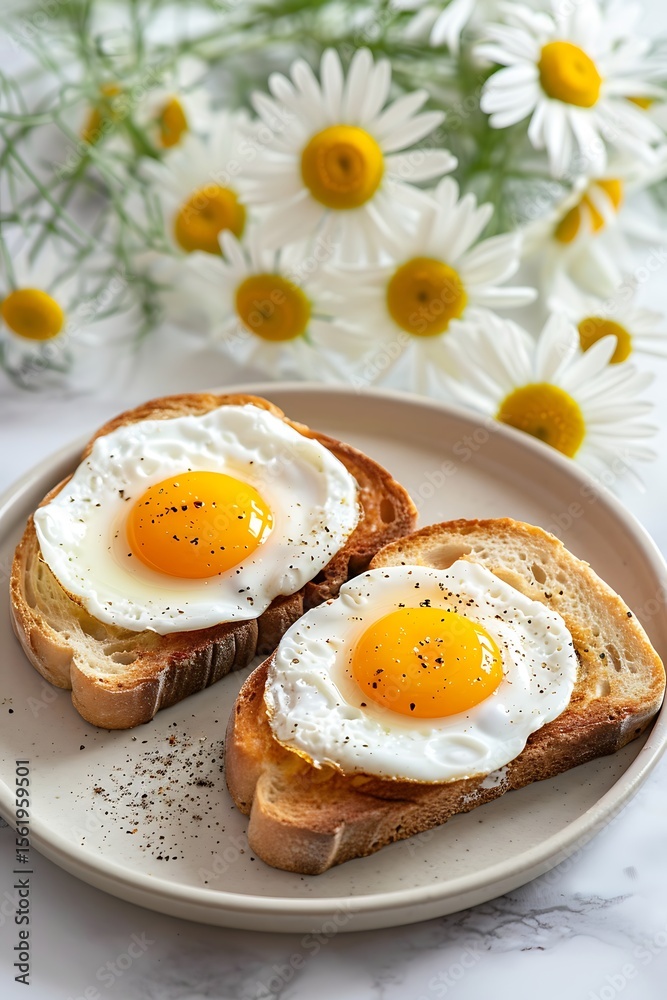 A delightful breakfast scene featuring two slices of toasted bread with fried eggs, freshly cracked pepper, and a soft daisy background A delightful breakfast scene featuring two slices of toasted bread with fried eggs, freshly cracked pepper, and a soft daisy background