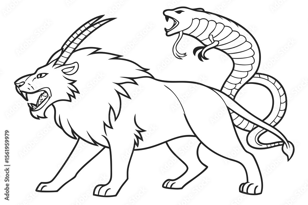Fototapeta premium Line art of a fearsome chimera, suitable for a coloring page, simple lines, no shading, clear outlines, black and white