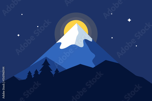 Moonlit mountain landscape under a starry winter sky with snowy hills and a glowing tent near calm water