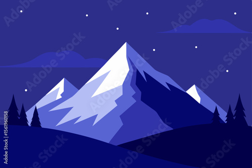 Serene Night Majestic Mountains Under Starlit Sky - A Peaceful Landscape Illustration