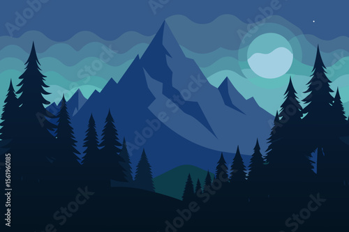 Majestic Night Mountain Landscape Serene Peaks and Silhouetted Pines Under a Mystical Moon