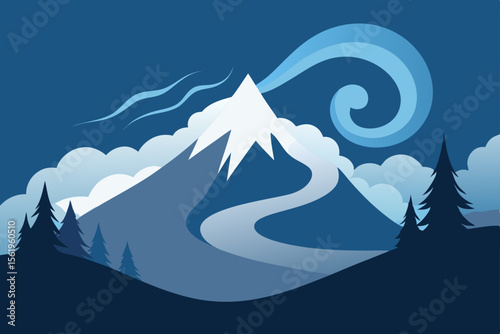 Majestic Mountain Peak Serene Landscape Illustration with Winding Path and Whimsical Wind