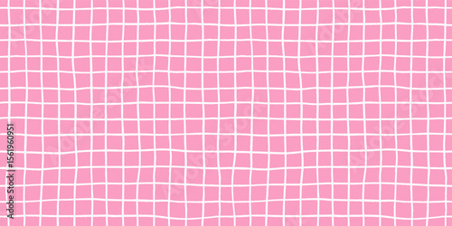 Check seamless pattern grid hand-drawn lines creating a playful background with pink square and wavy doodle textured stripes, perfect for cute designs and modern decor in vector crayon illustration.