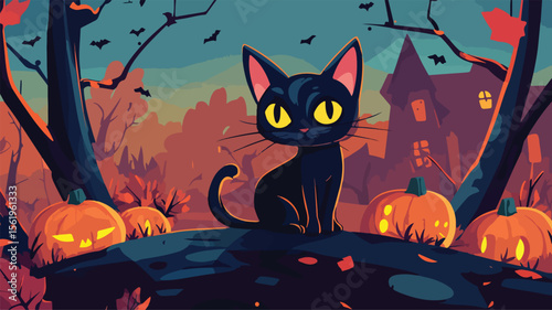 Spooky Black Halloween Cat Staring Intensely - Creepy Kitty Vector Illustration