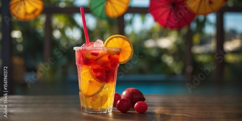 Bright fruit punch in colorful plastic cup with citrus slices, cherries, and paper umbrella garnish.